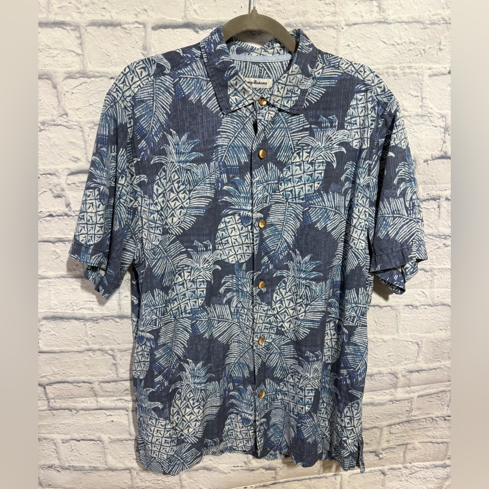 Tommy Bahama Silk Blend Hawaiian Pineapple Shirt, Blue Aloha Mens, Size Large